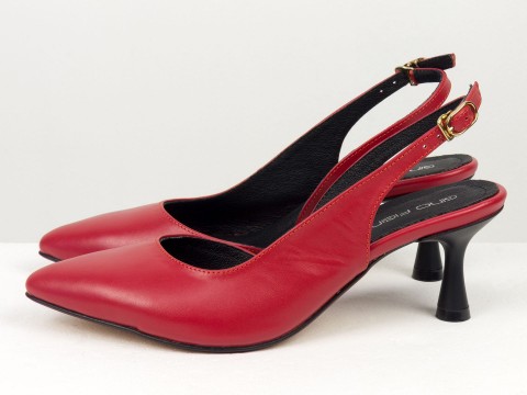 Червоні туфлі з натуральної шкіри з відкритою п'ятою на підборі рюмочка ,Т-2305-14
